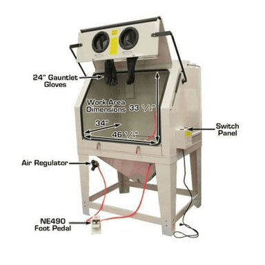 Atlas SBC990 Large Sandblast Cabinet – open front view showing work area dimensions, foot pedal, air regulator, and switch panel.