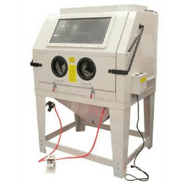 Atlas SBC990 Large Sandblast Cabinet with built-in vacuum system, dual glove ports, foot pedal, and large top viewing window.