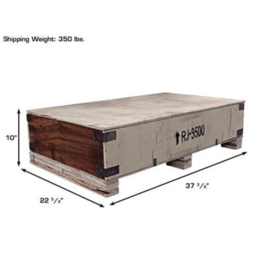 Atlas XH-PROJACK35 3,500 lb rolling bridge jack packaged in wooden shipping crate with listed weight and dimensions.