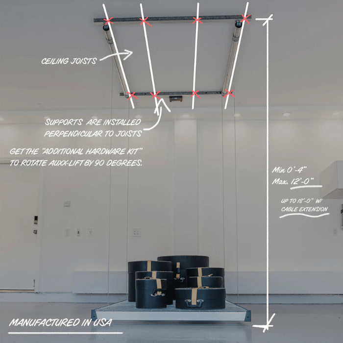 Auxx-Lift Motorized Garage Storage Platform loaded with items text of features on all sides front side view