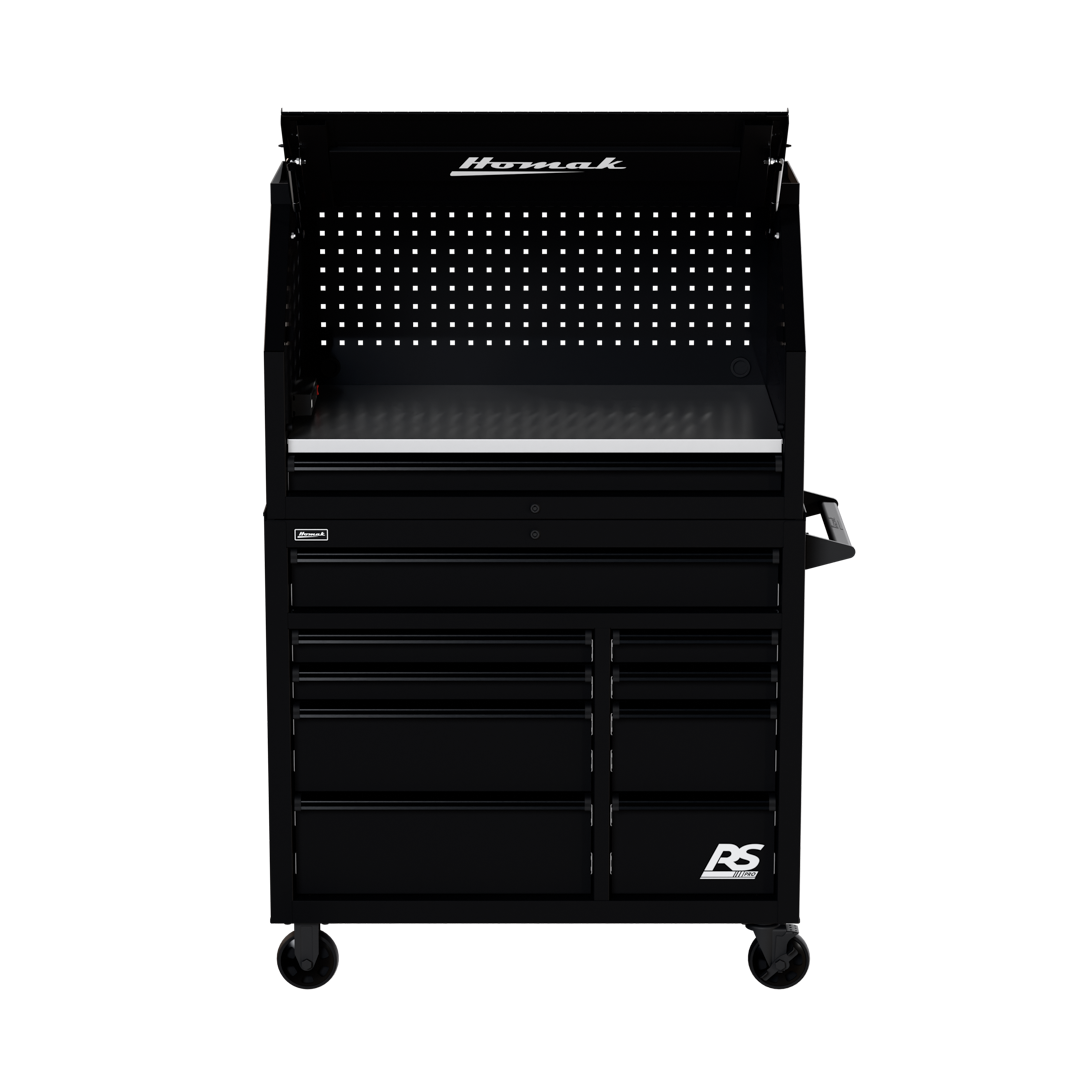 Homak 41 inch RS Pro Hutch mounted on matching 41 inch RS Pro Rolling Cabinet in Midnight Black