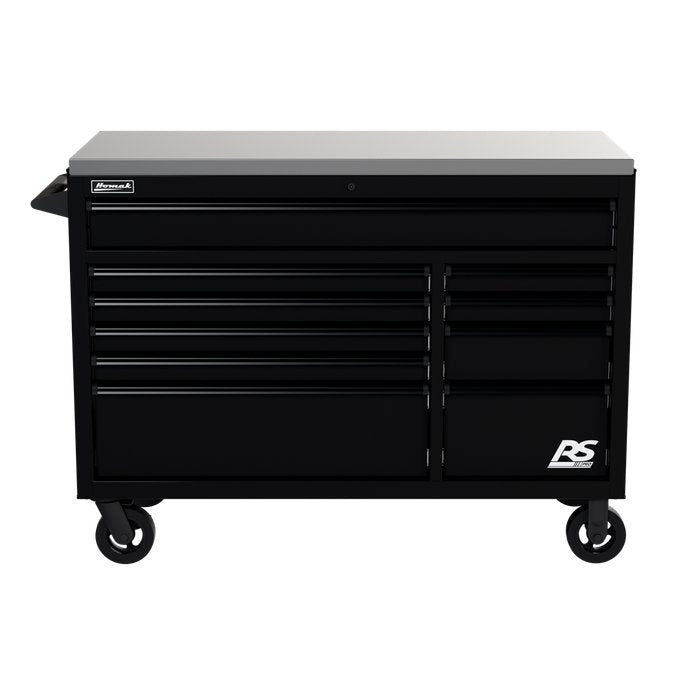 Homak 54" RS Pro 10-Drawer Rolling Cabinet with Stainless Steel Top in Midnight Black