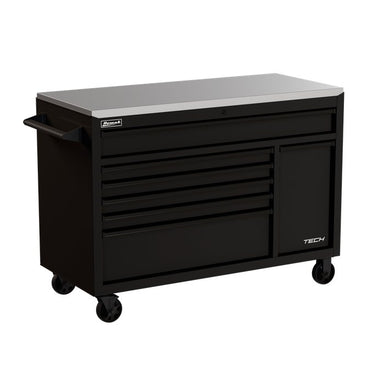 Homak 54" TECH 7-Drawer Rolling Workstation w/ Stainless Steel Top in Midnight Black