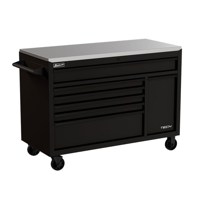 Homak 54" TECH 7-Drawer Rolling Workstation w/ Stainless Steel Top in Midnight Black
