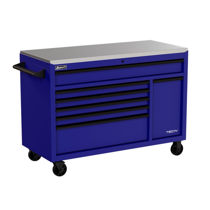 Homak 54" TECH 7-Drawer Rolling Workstation w/ Stainless Steel Top in Rally Sport Blue