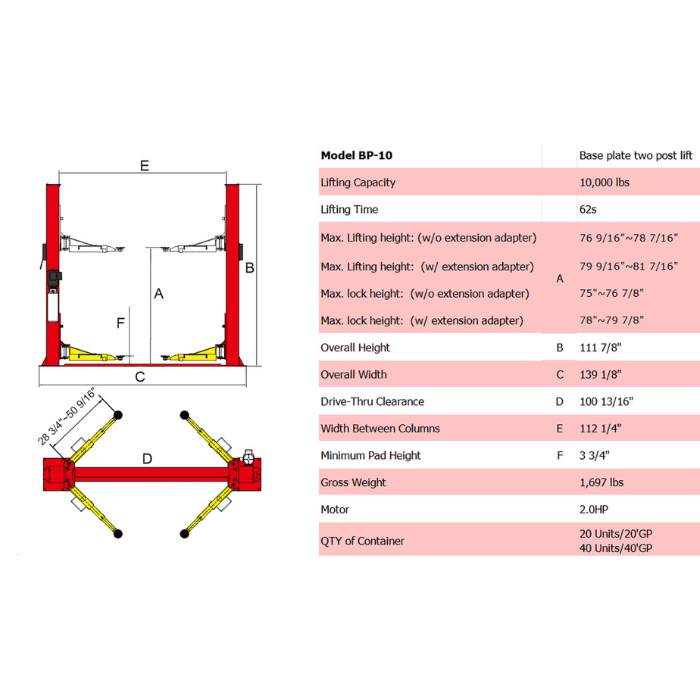 BP-10 spec drawing with dimensions and clearances