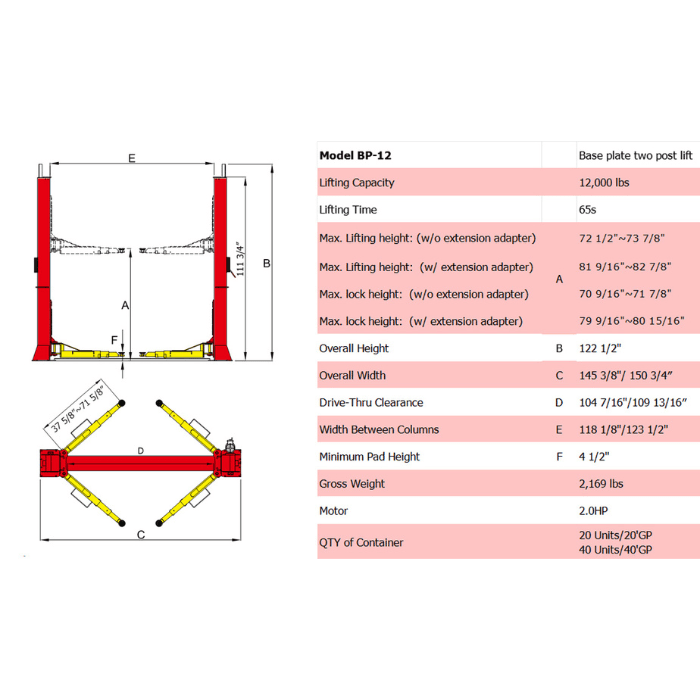 BP-12 spec drawing and dimensions chart