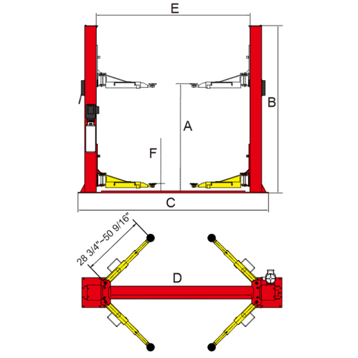 BP-9X two post lift by AMGO with lifting height, width, and arm reach dimensions