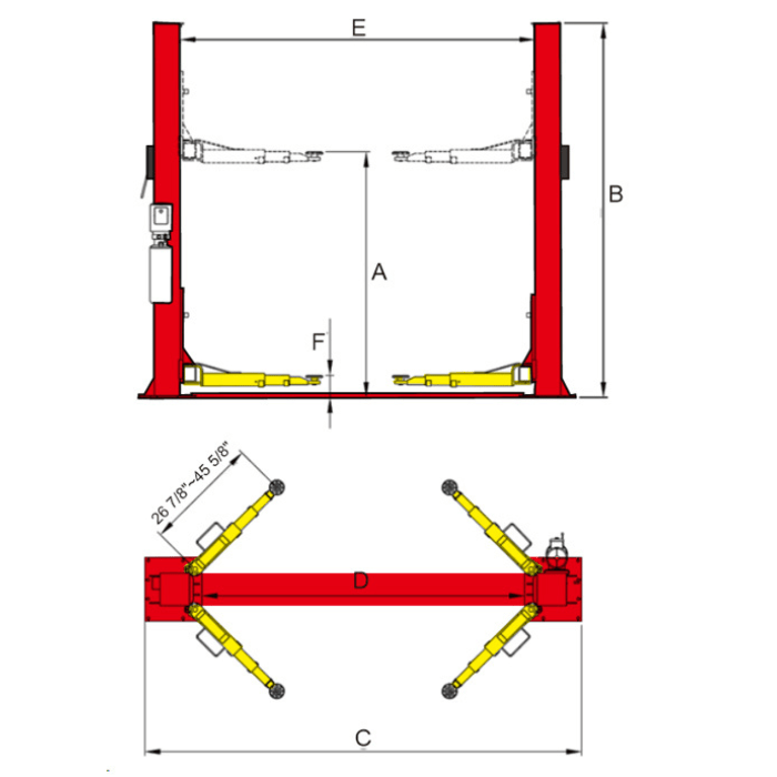 BP-9 two post lift by AMGO with column width, lifting height, and arm range specifications