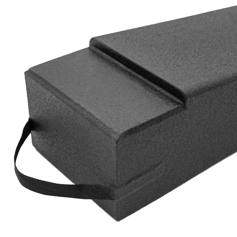 Close view of the notched end and carry strap on a Race Ramps flatbed tow ramp