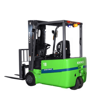 Back-side angle of the Ekko EK18AT-212Li 3-wheel forklift, highlighting its lithium-ion design and compact turning radius.