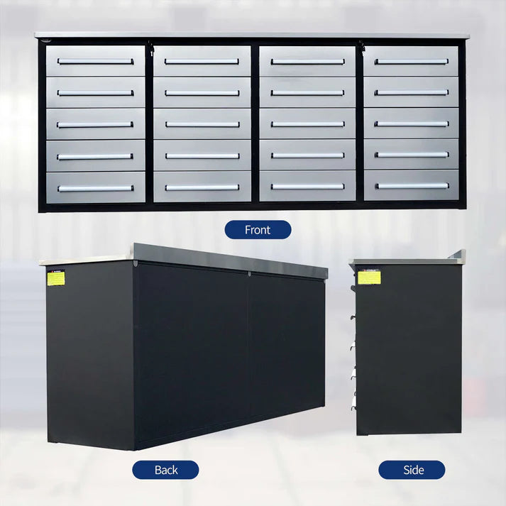 Back and side views of 7 ft garage workbench cabinet showing full steel enclosure