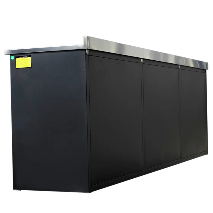 Back side view of Chery Industrial 10 foot tool storage workbench cabinet showing full length enclosed housing