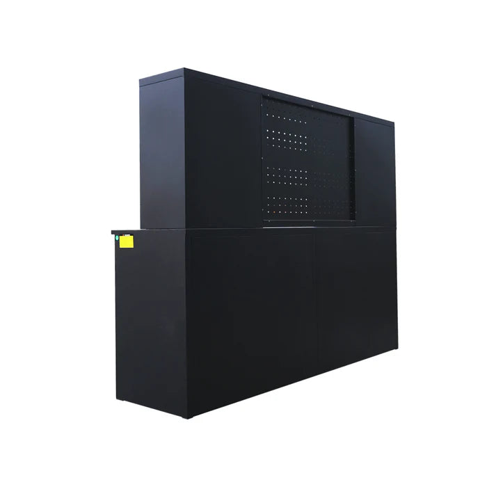 Back side view of Chery Industrial 7 foot workbench storage station with full steel housing and center pegboard cutout