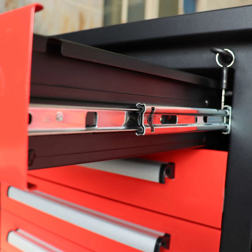 Ball bearing steel drawer slide mechanism on Chery Industrial 10ft 35-drawer workbench