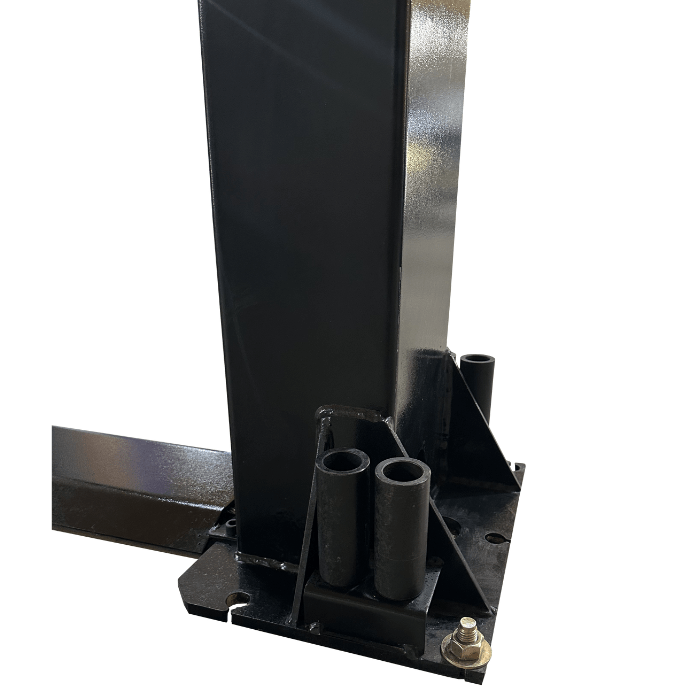 Base of Tuxedo TP9KF-TUX 2 post car lift showing heavy-duty steel construction