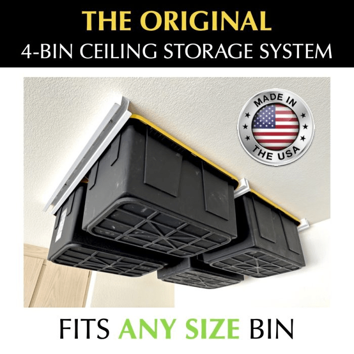 Bin Slide Overhead Storage System text about features on the top and bottom bottom side view