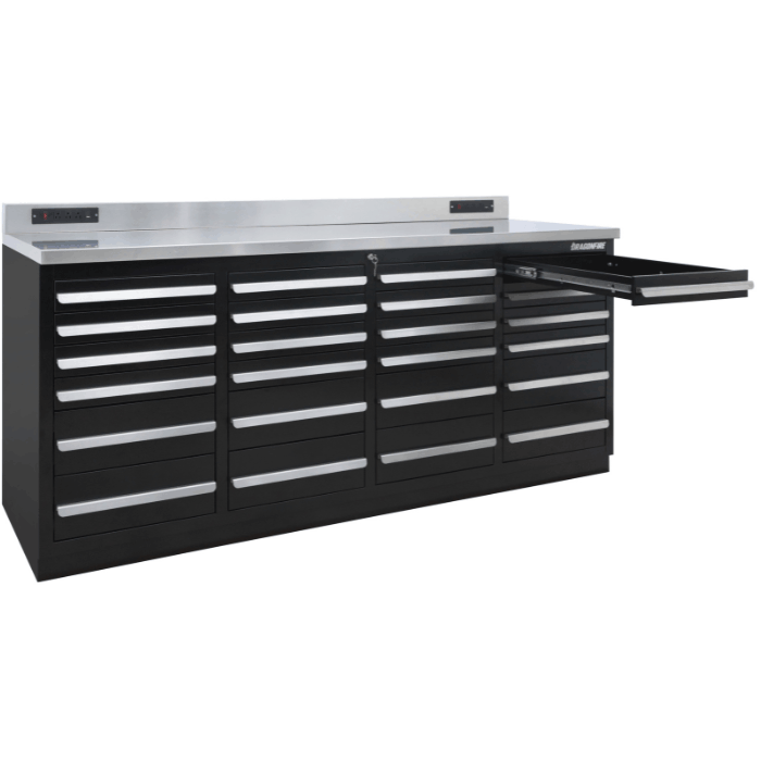 Black Dragonfire 7ft Pro Series workbench with a pull-out tray drawer extended, showing wide drawer storage design (DFT-WB-24)