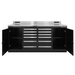 Black Dragonfire Pro Series 7ft workbench with both cabinet doors open and 12-drawer center storage (DFT-WB-12)