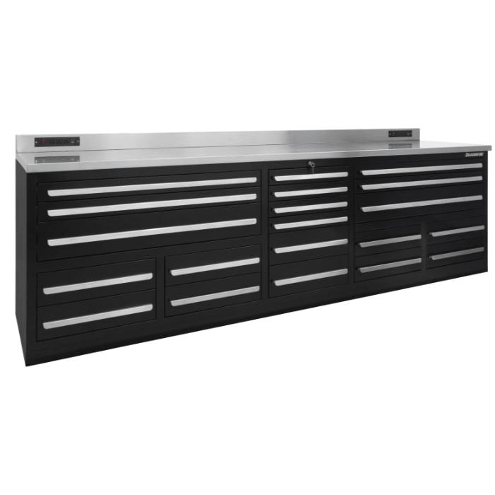 Black Dragonfire Pro Series 9ft stainless workbench with 20 drawers and wide top storage, model DFT-WB-20