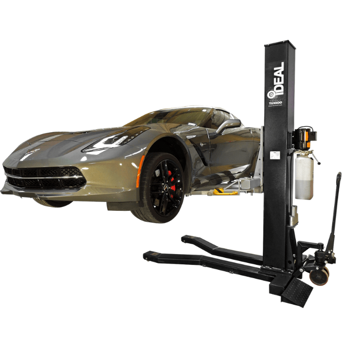 Black iDEAL single post mobile car lift raising a Corvette sports car