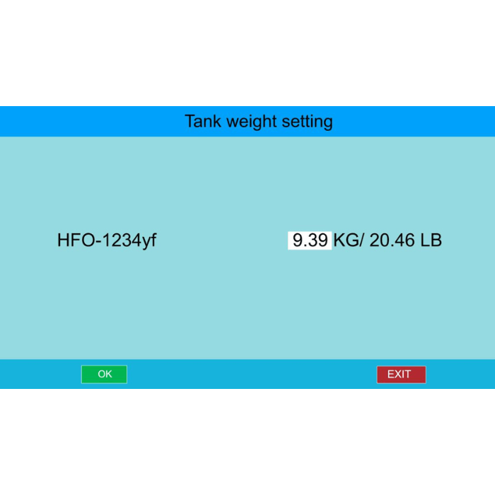 Bludee 1234yf AC Recovery and Recharge Machine AC600 touchscreen charging menu with hose flush setting and HP LP selection
