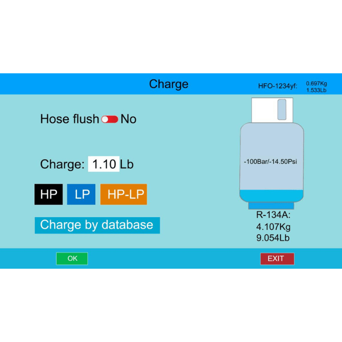 Bludee AC400D charge screen showing charge amount entry, hose flush setting, and charge by database option