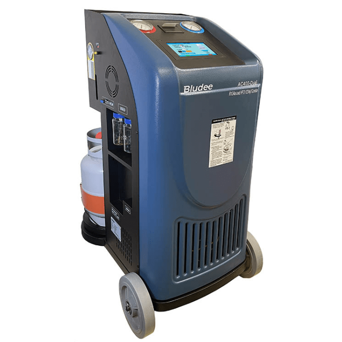 Bludee AC400D dual refrigerant AC recovery and recharge machine front angled view with touchscreen display and pressure gauges