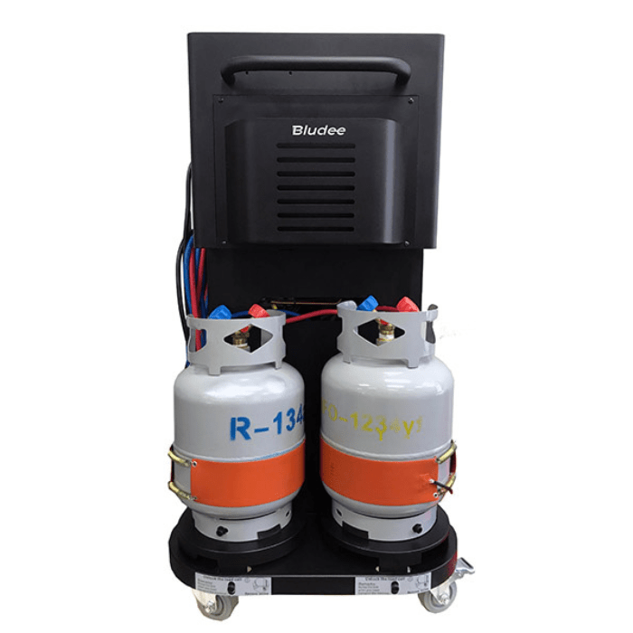 Bludee AC400D dual refrigerant AC recovery and recharge machine rear view with R134a and HFO-1234yf cylinders