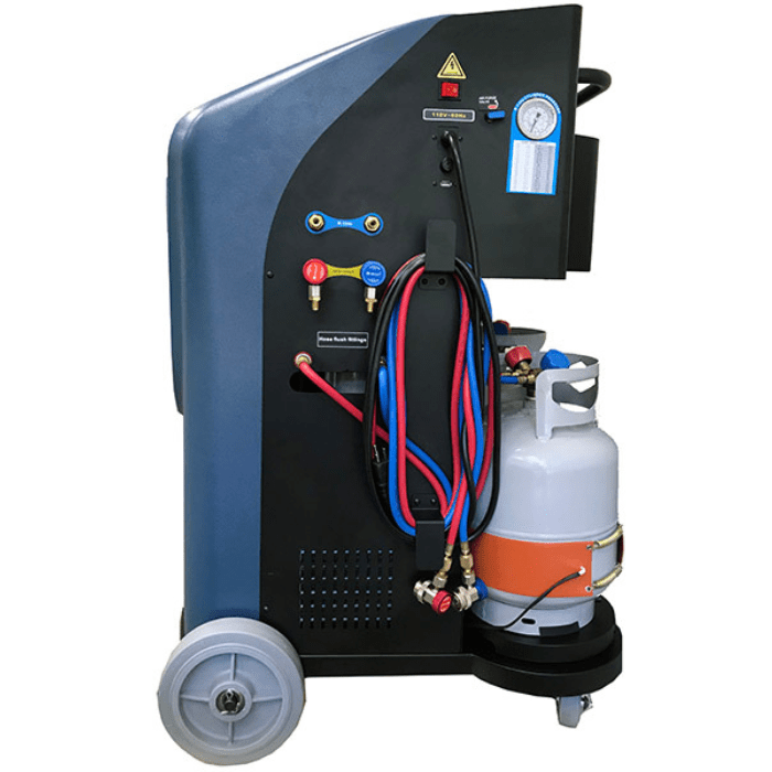 Bludee AC400D dual refrigerant AC recovery and recharge machine with service hoses and R134a tank mounted on base
