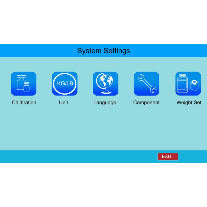 Bludee AC400D system settings screen showing calibration, unit selection, language, component, and weight set options