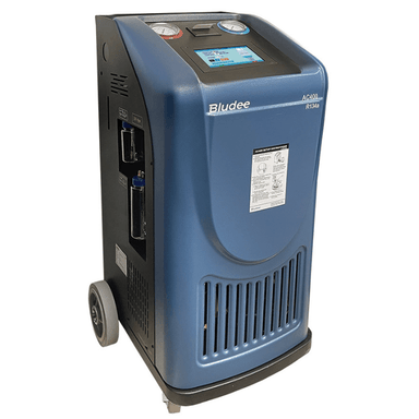 Bludee AC400 R134a AC recovery and recharge machine front view with 7 inch touchscreen and pressure gauges