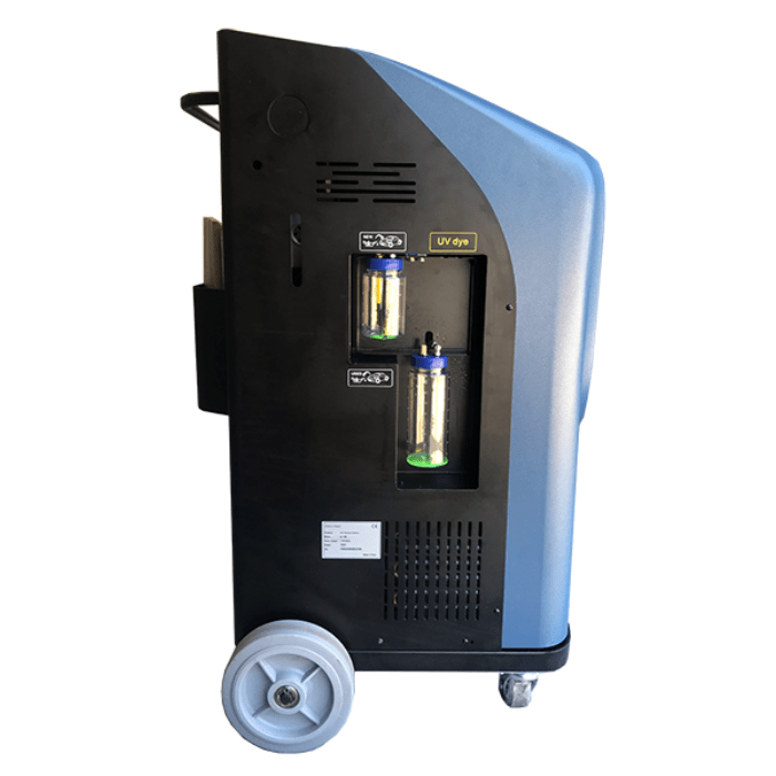 Bludee AC400 R134a AC recovery and recharge machine side view with UV dye window and oil bottles