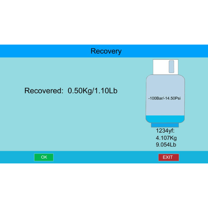 Bludee AC600 1234yf AC Machine Auto Mode screen showing vacuum time, leak test, and charge by database settings
