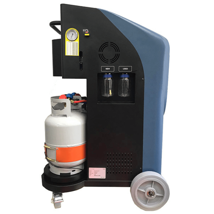 Bludee dual refrigerant AC machine AC400D side panel showing oil injection bottles and onboard gauge