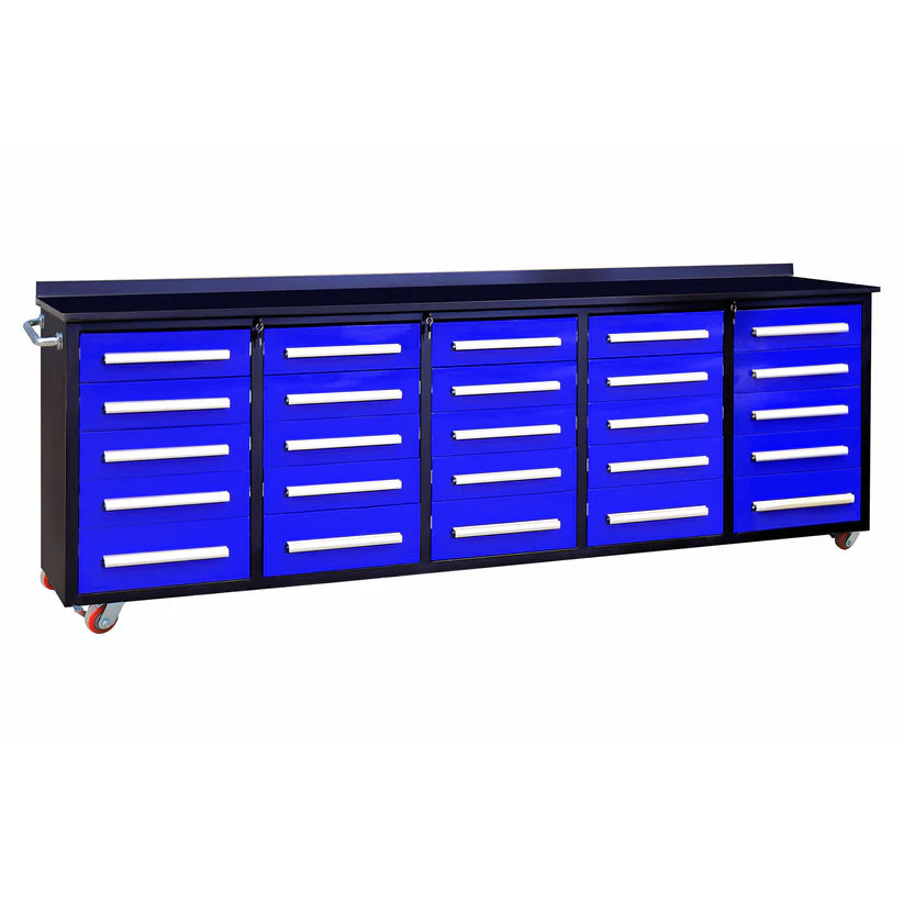 Blue 10ft 25 drawer rolling workbench cabinet on caster wheels, built by Chery Industrial with long drawer pulls