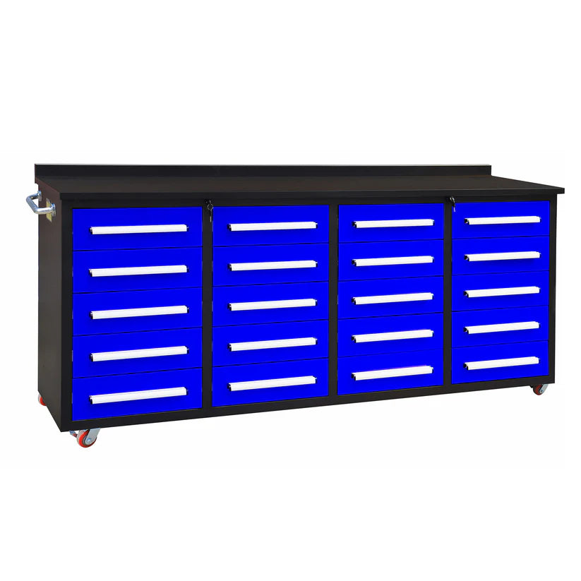 Blue 7ft rolling workbench with 20 storage drawers and heavy-duty casters by Chery Industrial
