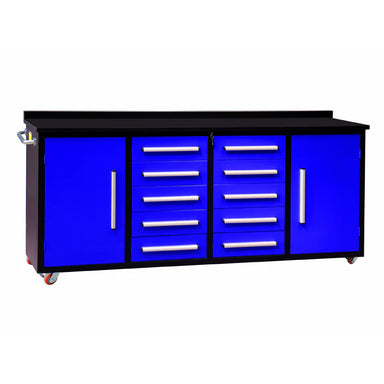 Blue 7ft stainless steel workbench with 10 drawers and 2 cabinets by Chery Industrial
