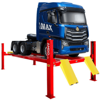 Blue AMAX semi-truck on AMGO PRO-18 18,000 lb 4 post lift