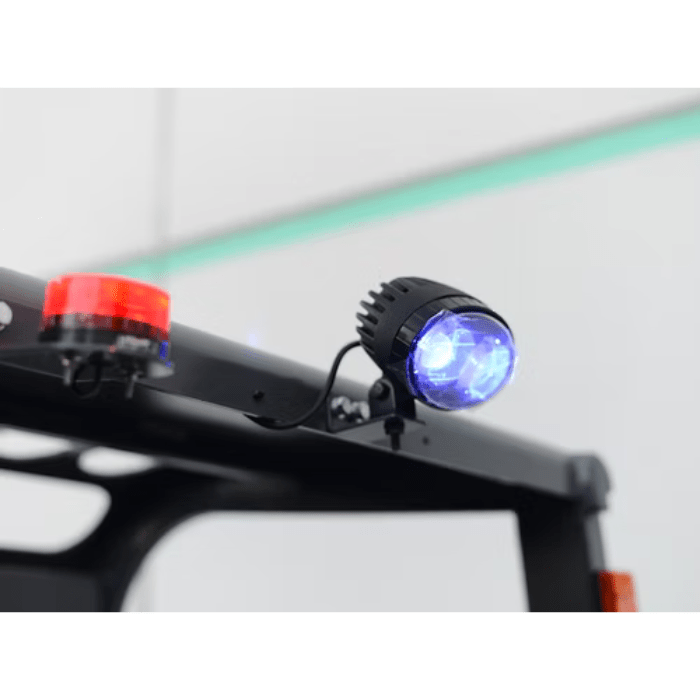 Blue safety spotlight and red strobe light on the EK30TLP overhead guard promote safety in high-traffic areas