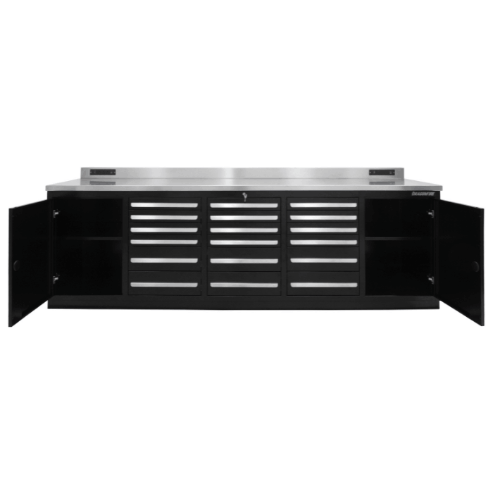 Cabinet doors open showing full side storage on the black Dragonfire Pro Series 9FT workbench with 18 drawers, DFT-WB-18