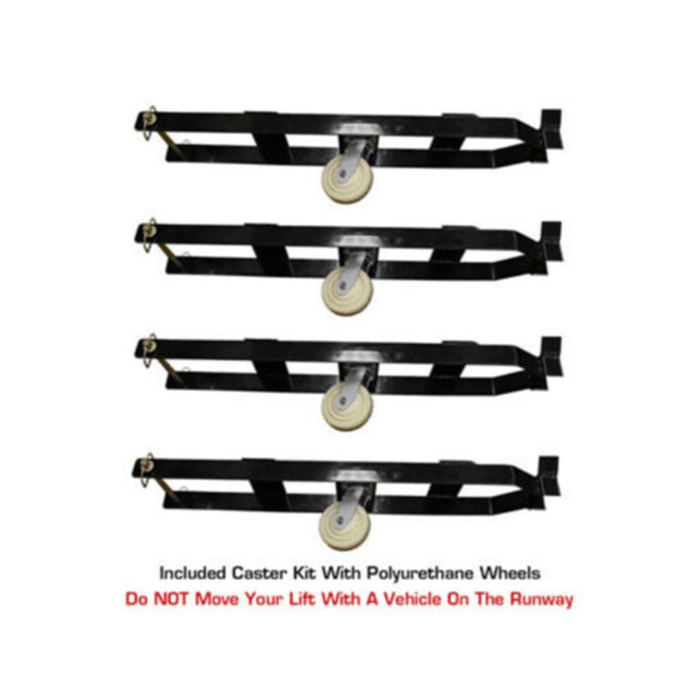Caster kit included with the Atlas PRO8000, featuring durable polyurethane wheels for easy lift mobility—never move the lift while a vehicle is on it.