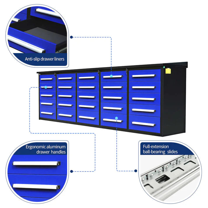 Chery Industrial 10 foot 25 drawer workbench feature diagram highlighting steel top and drawer storage