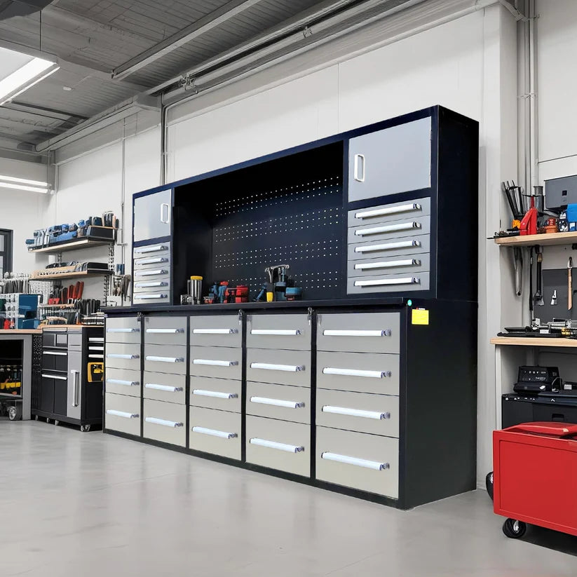 Chery Industrial 10 foot garage workbench storage station installed in shop environment with deep drawers and upper cabinets