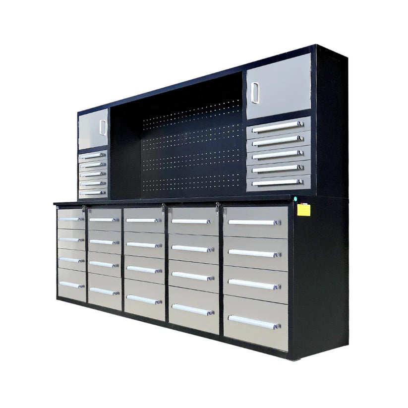 Chery Industrial 10 foot garage workbench storage system angled photo showing upper cabinets, pegboard, and deep drawers