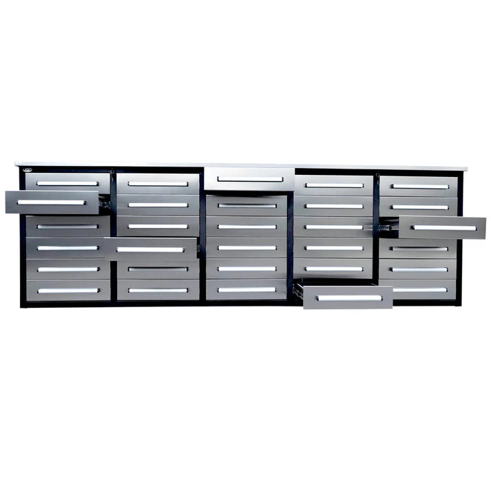 Chery Industrial 10 foot tool storage workbench cabinet, front view with multiple drawers extended for access