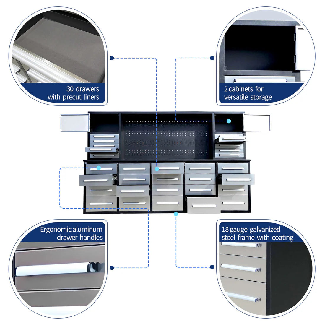 Chery Industrial 10 foot tool storage workbench cabinet infographic highlighting drawer liners, upper cabinets, ergonomic handles, and coated steel frame construction
