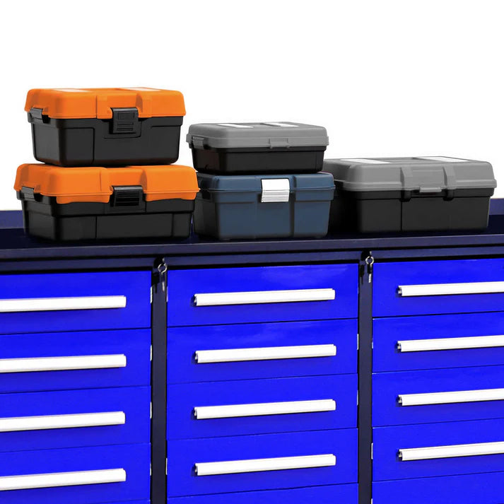 Chery Industrial 10 ft steel workbench supporting toolboxes on reinforced benchtop