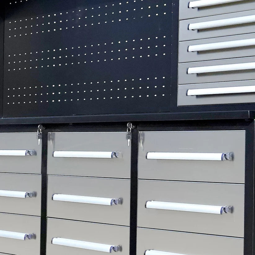 Chery Industrial 10 ft workbench cabinet secure drawer lock detail showing locking system for tool drawer security