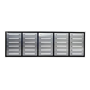 Chery Industrial 10 ft workbench storage cabinet with 30 drawers, front view with stainless steel top
